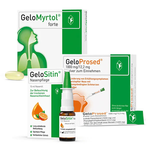 SparSet: 1x GELOMYRTOL forte* 20 St + 1x GELOPROSED Pulver zum Einnehmen* 10 St + 1x GELOSITIN Nasenpflege Spray 15 ml 1 St